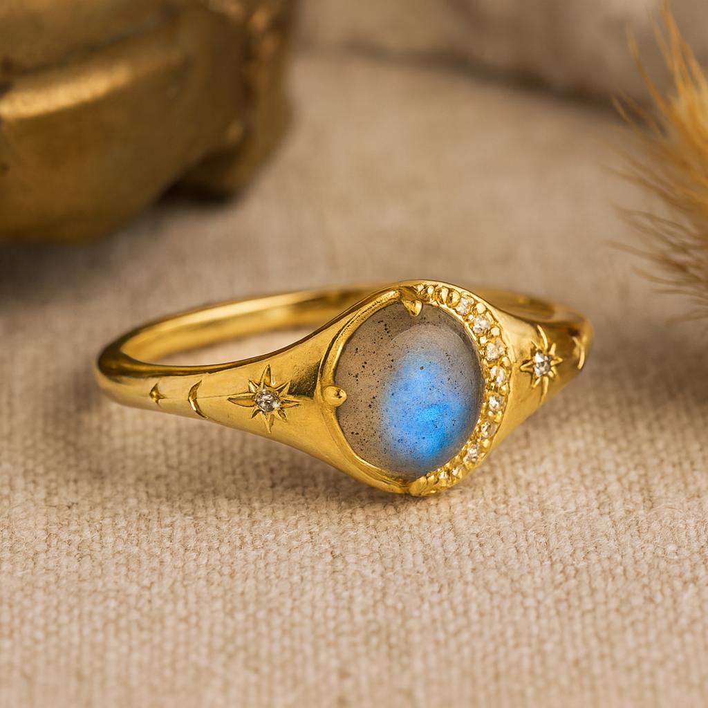 Round Shaped Labradorite Wedding Ring, CZ Diamond Statement Ring, Art Deco Star Ring , Gift for Her