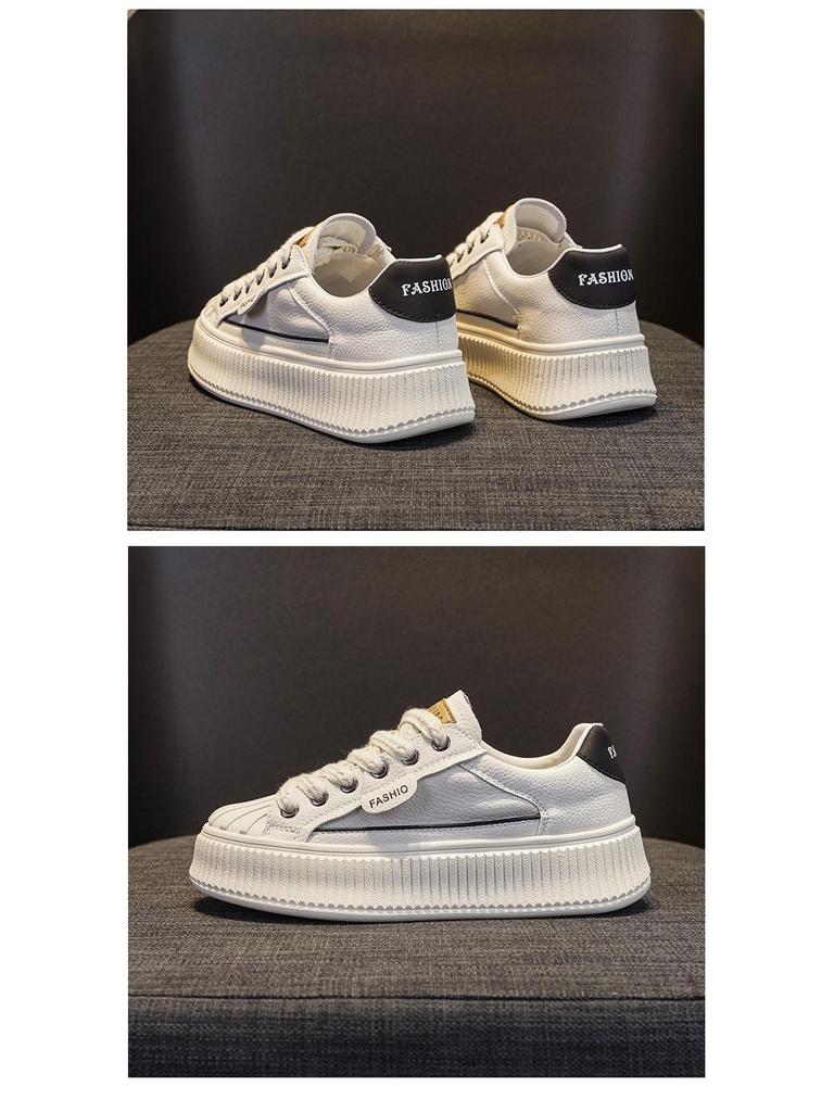 Adidași de damă din piele naturală cu vârf tip scoică, albi, cu tălpi groase, pentru primăvara 2025