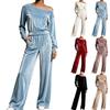 Women's Velvet Two Piece Outfit Off Shoulder Long Sleeve Fitted Top with High Waist Wide Leg Pants