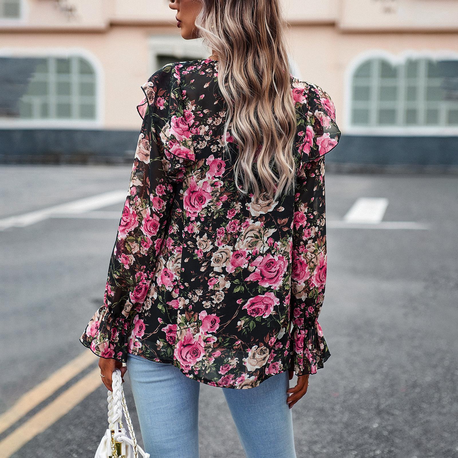 Женская осенне-зимняя рубашка с круглым вырезом и оборками — фото 13