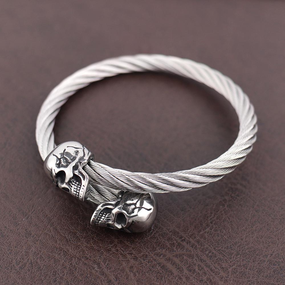 Bracciale Vintage con Doppia Testa di Teschio Acciaio Inossidabile di Alta Qualità Classico Uomo Braccialetti Teschio Regolabili Gioielli Punk Rock