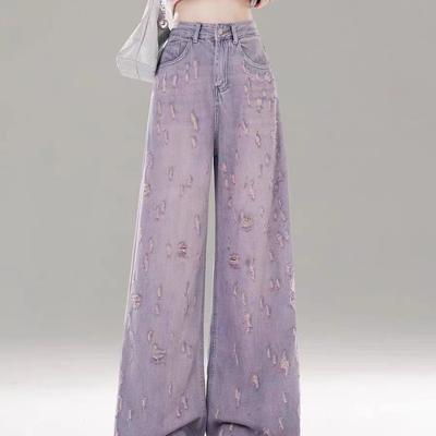 Women's Summer High-Waist Wide-Leg Jeans - Pink Purple Distressed Frayed Hem, Drapey Floor-Length Denim Pants