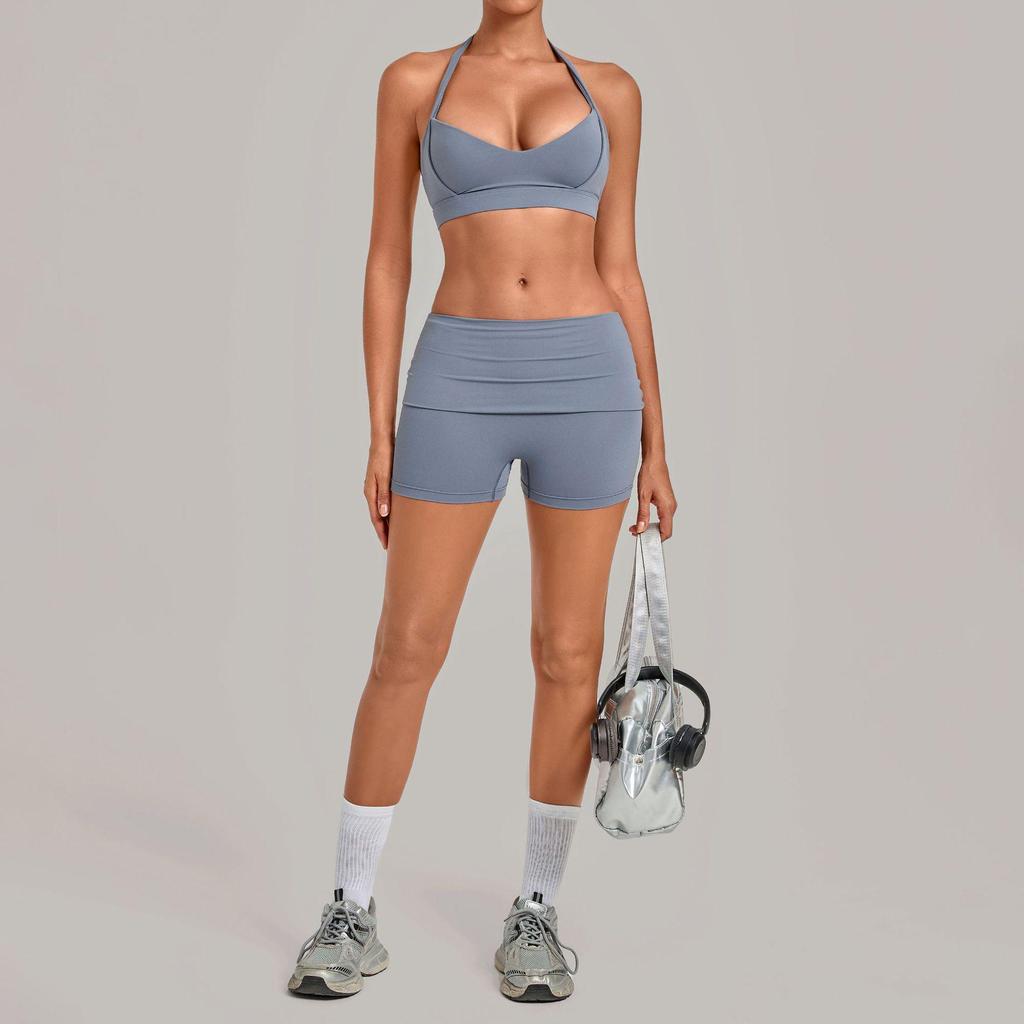 Women's Halter Backless Pleated Yoga Set - Tight Fit, Hip-Revealing Sportswear