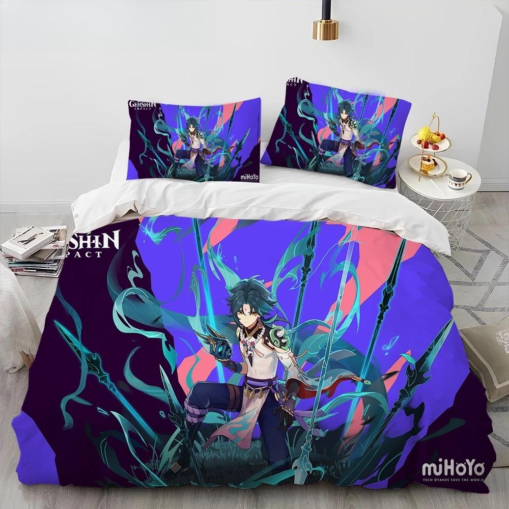 Genshin Impact Game Gamer Cartoon Comforter Bedding Set,Duvet Cover Bed Set Quilt Cover Pillowcase,king Queen Size Bedding Set