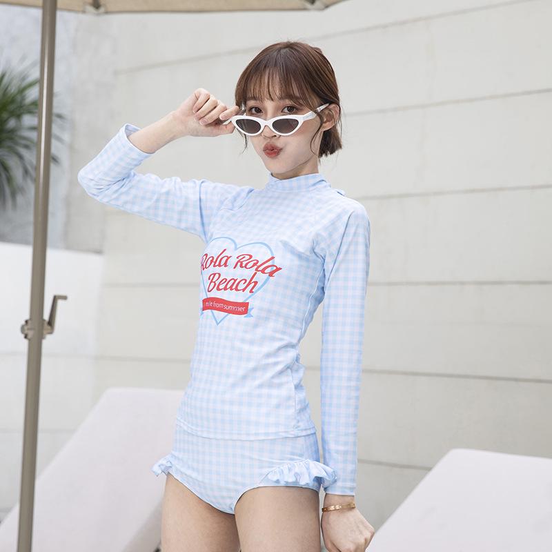 

2024 Long Sleeve Plaid Two-Piece Swimsuit: Sweet & Cute for Women M синій