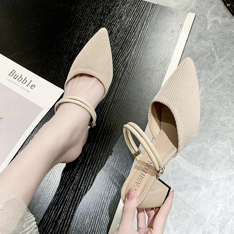 2024 New Women's Sandals Summer Pointed Square Root Sandals Outdoor Leisure Baotou Dual-use Solid Color Sandals Women Slippers