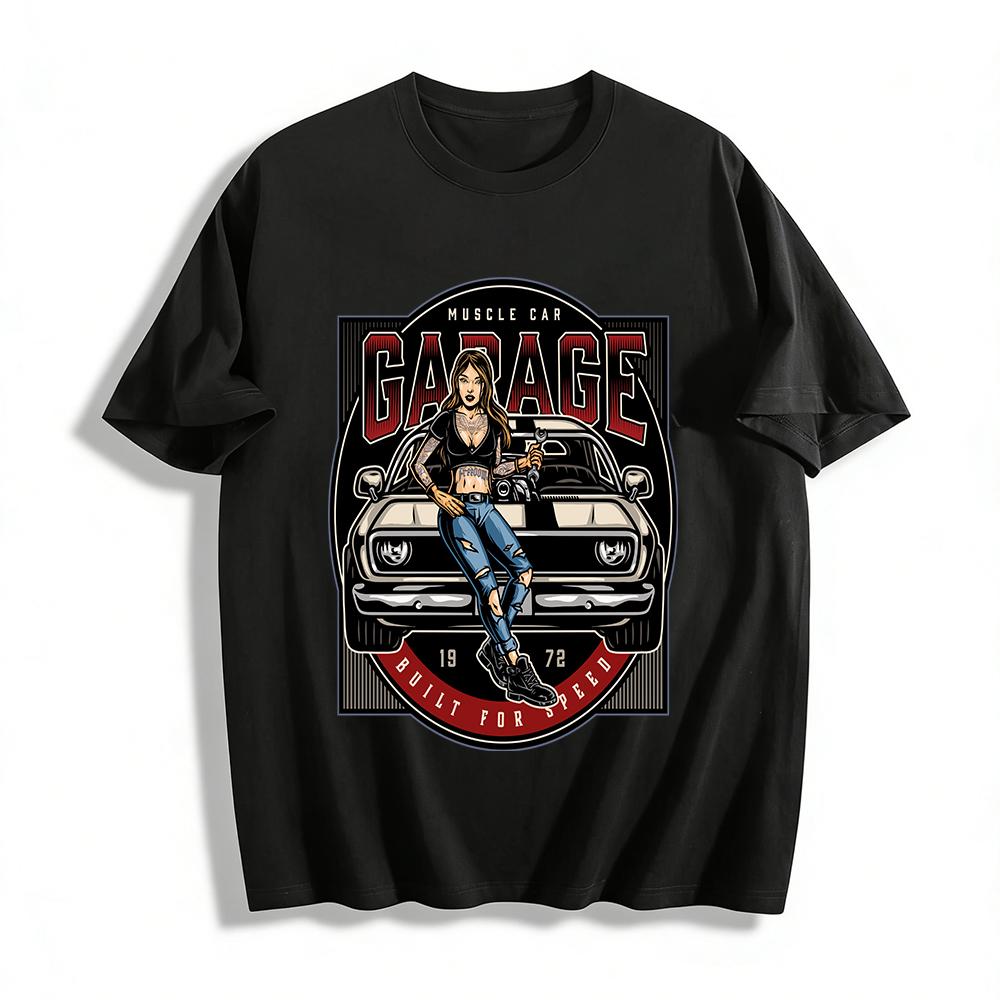 Vintage Muscle Car Garage Graphic Tee American Biker Style Trendy Top Pure cotton T-shirt XXS