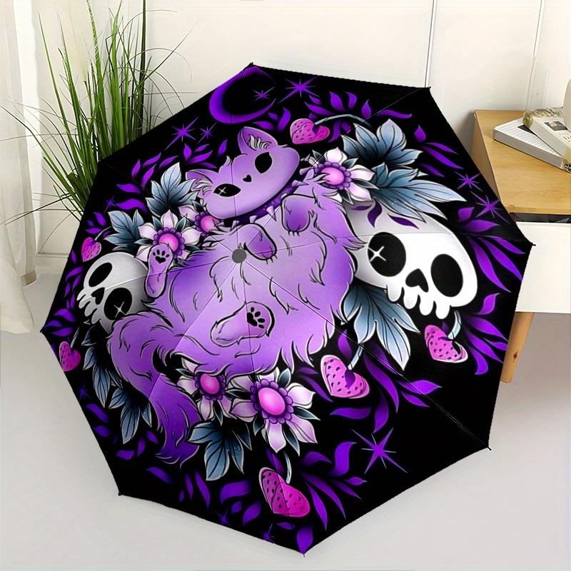 

1pc Pastel Cat and Skulls Fully Automatic Folding Portable Umbrella, 8 Iron Frames, Three-Fold Design, Suitable for All Seasons, Suitable for Out
