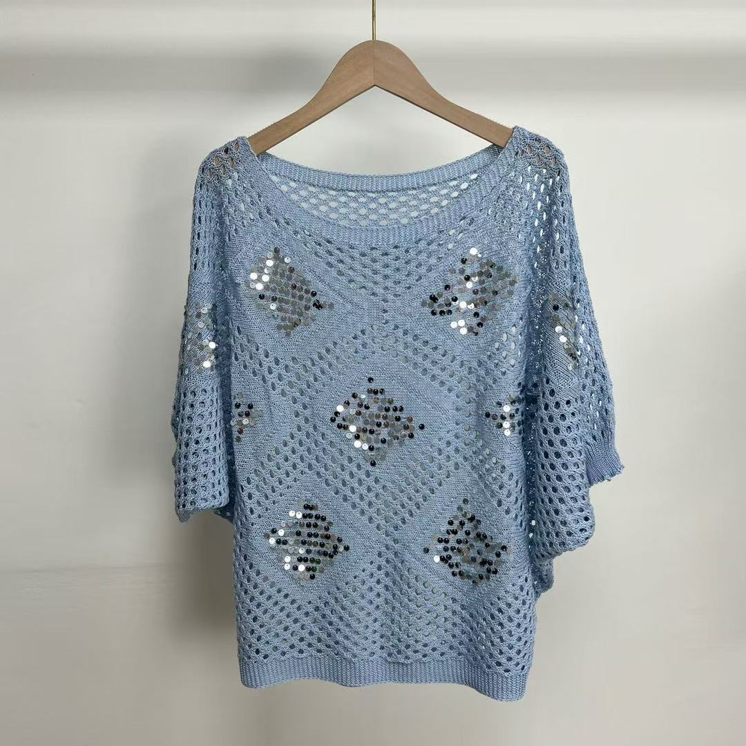 Лето Осень Женский Шикарный Ажурный Блестящий Трикотажный Свитер Пуловер Футболка One Size