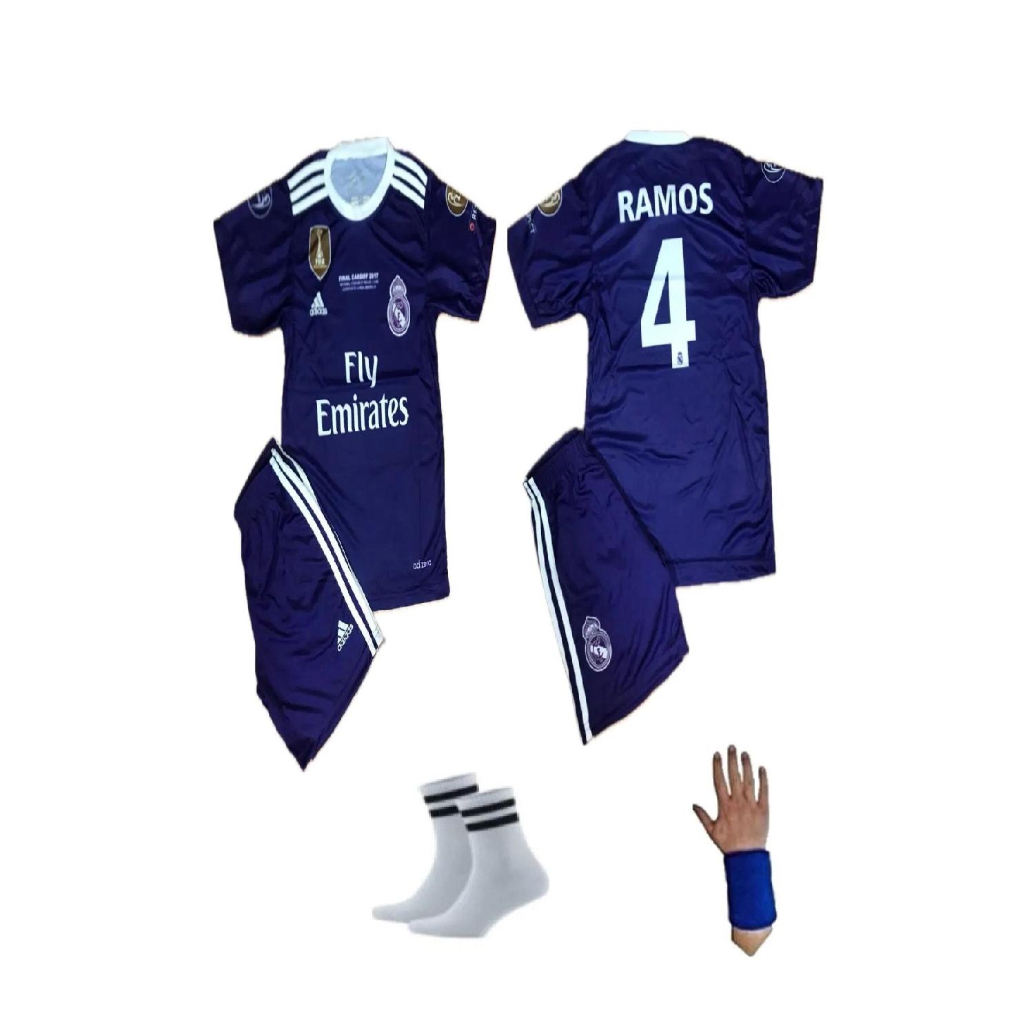 

Серхио Рамос Реал Мадрид 2017 Кардиф Лига Чемпионов Ретро Фиолетовый комплект из 4 детских футбольных майок Rty1