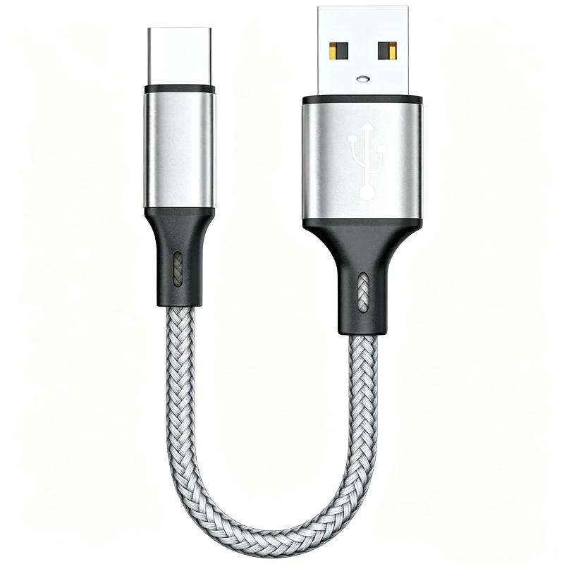 USB A to Type C Short Data Cable 0.25M 3A Fast Charging Nylon Braided Cord for Home Office Phone Charging