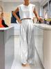 Summer New Arrivals Women's  Fashion Casual Shiny Backless Wide Leg Pants Two-Piece Set