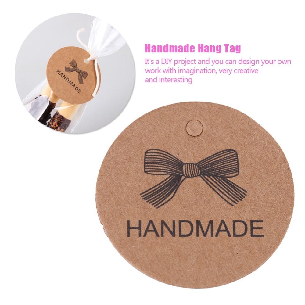 

100pcs Brown Handmade Hang Label Round Shape Kraft Paper Tags Gift Tags Home Made Crafts Bow Pattern