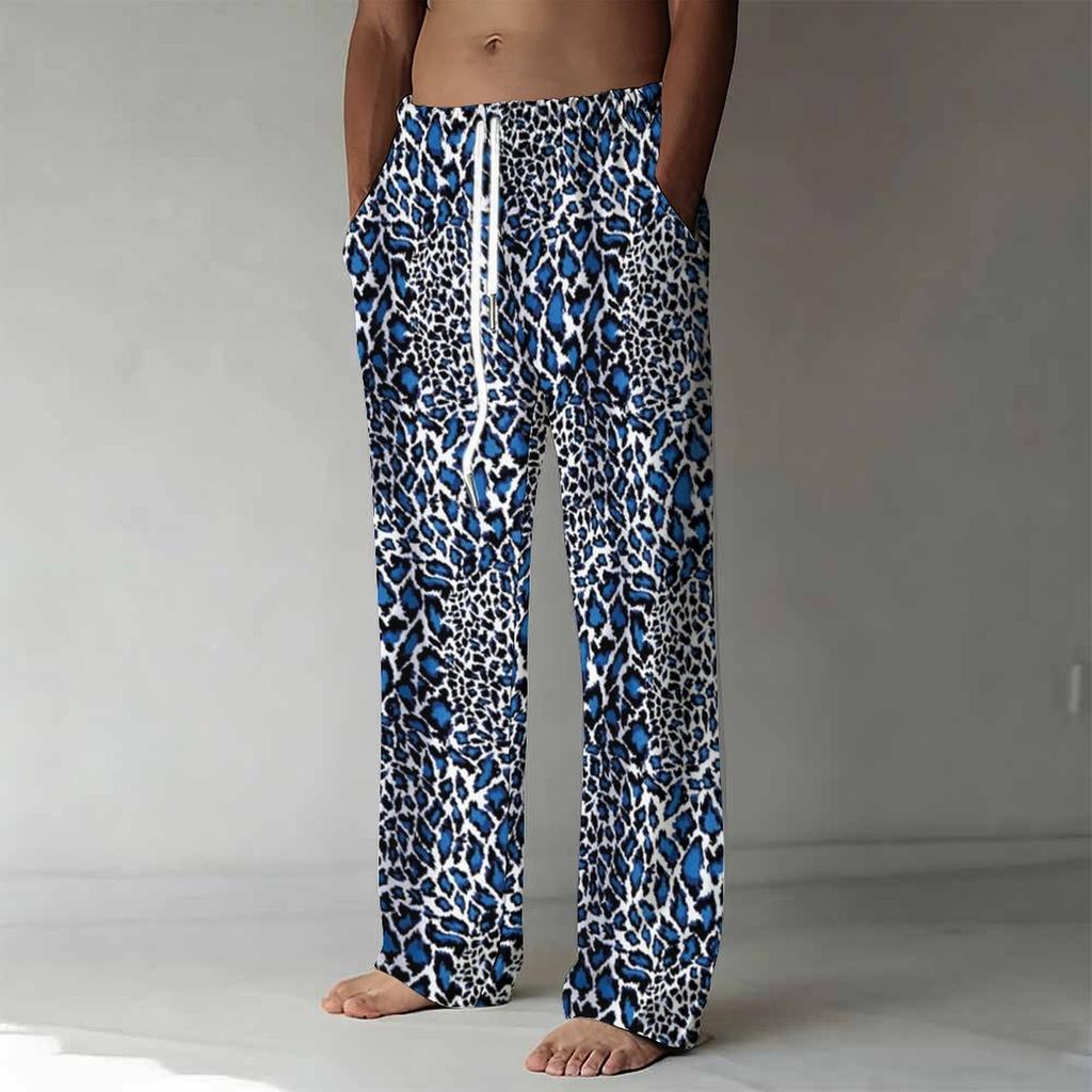 Men Black Base Rainbow Gradient Leopard Print Drawstring Straight Trousers With Side Pockets Eye Catching Bottoms