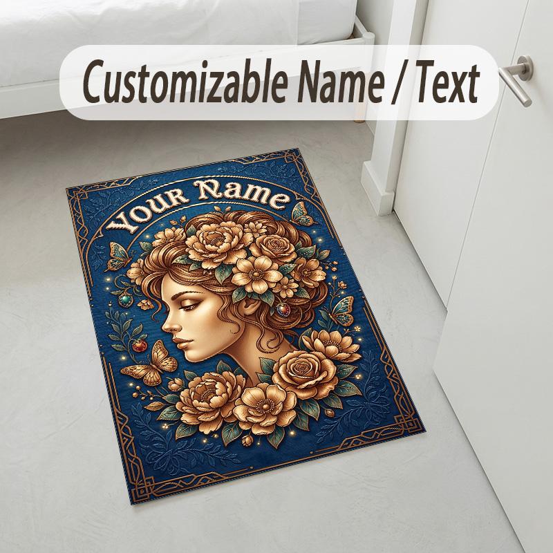 Floral Fantasy Garden Theme Soft Crystal Velvet Rug Custom Name & Text Print Non Slip Floor Rug for Bedroom Living Room