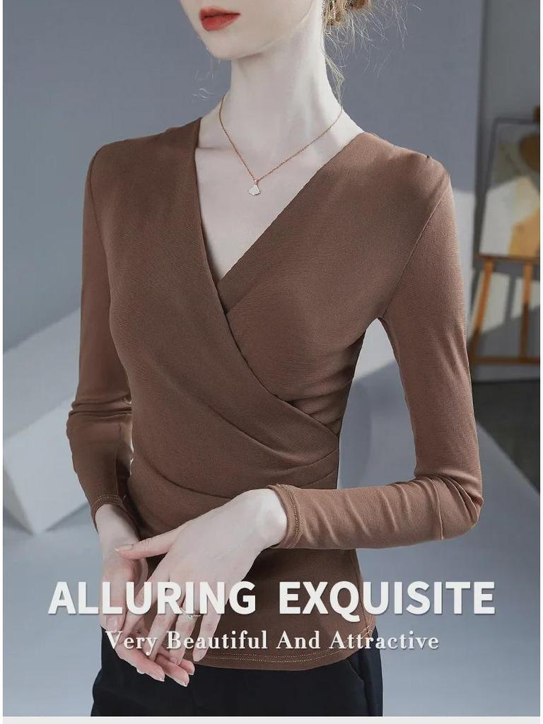 Frühjahr & Herbst 2025 Damen-Plissee-Top mit V-Ausschnitt