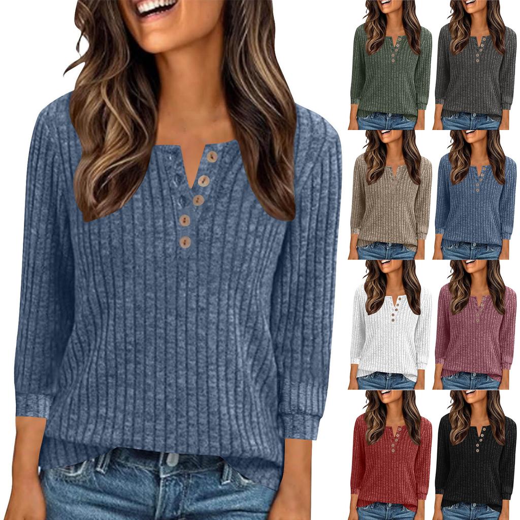 Women's Fashion Casual Button-Up V-Neck Knit Loose-Fit Three-Quarter Sleeve Top