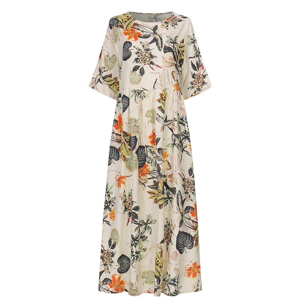 Women's Summer Round Neck 3/4 Sleeve A-Line Skirt Medium Length Printed Loose Dress