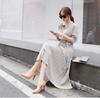 Royal Pine Shirt Long Pleated Belted Light Women's A-Line Dress, Sleeves, Chiffon, (XL, Gray)