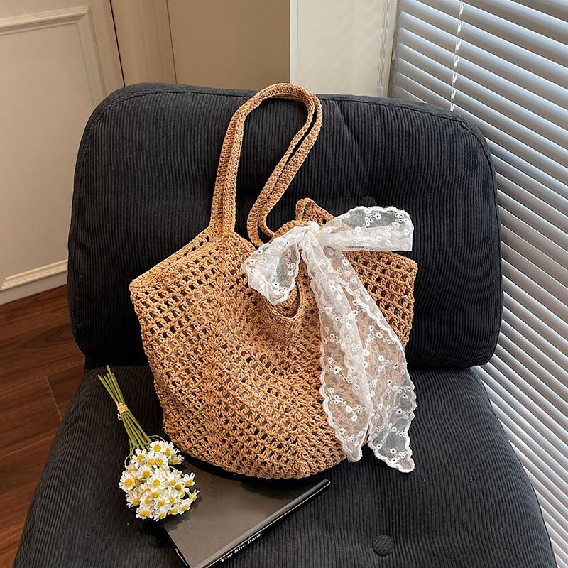 Summer Lace Bow Tote Bags Women Raffia Knitting Woven Shoulder Bag  Rattan Large Casual Crochet Shopping Bag Ladies Handbag