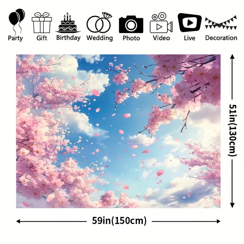 2D Pastel Cherry Blossom Tapestry Aesthetic Spring Sky Wall Art with Falling Sakura Petals