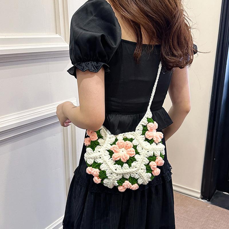 Yogodlns Handwoven Crochet Shoulder Bag with Floral Pattern Women Sweet Style Fashion Moon Crescent Shap Crossbody Bag for Holiday Travel