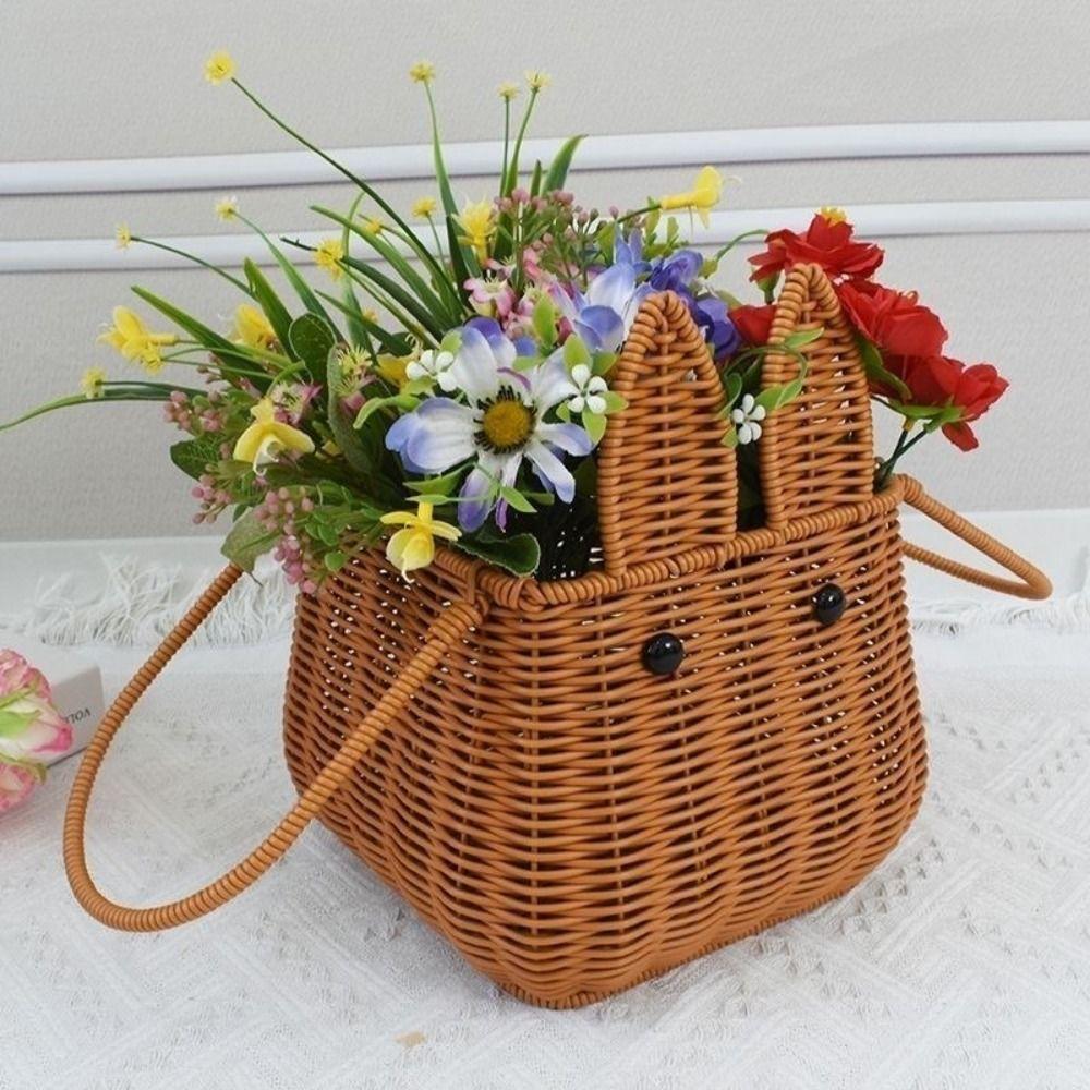 Brown Rattan Hand-Woven Carrying Basket Handmade Fruit Basket Bunny Easter Woven Basket  Restaurant