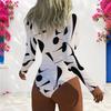 Women Plus Size Blue White Printed High Neck Front Zip Long Sleeve One Piece Swimsuit