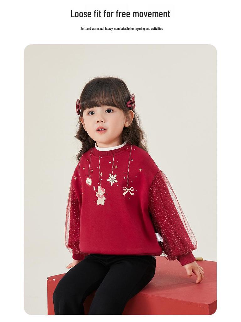 Girls' Red Autumn/Winter Round Neck Hoodie Pullover