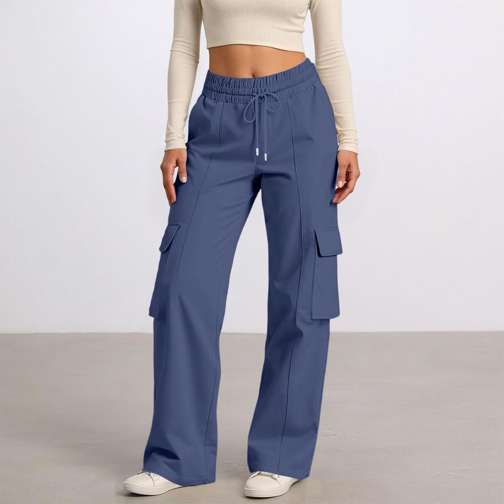 Women's Casual Fashion Solid Color Elastic Waist Drawstring Workwear Wide Leg Pants With Pockets