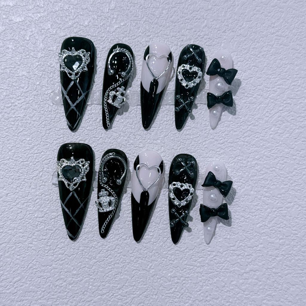 Long Stiletto Press On Fake Nails Blue Heart Diamond Bow Decoration False Nail Fashion Artificial Nail Handmade Acrylic Nail