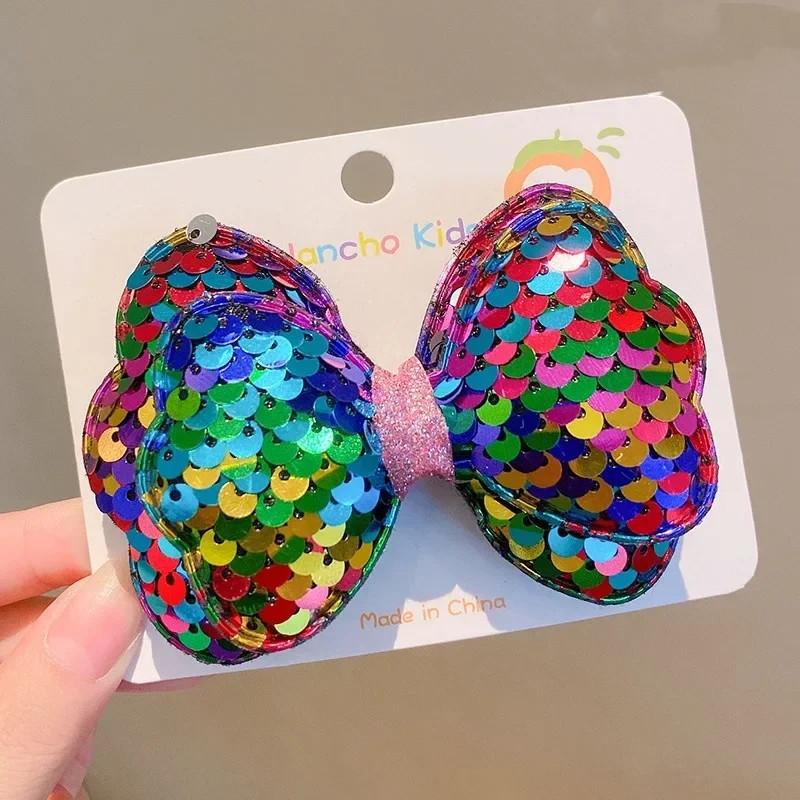 1pc Laser Sequins Bow Hair Clips Girls Children Headdress Bangs Side Duckbill Clip Sweet Cute Hair Styling Accessories Hairbands