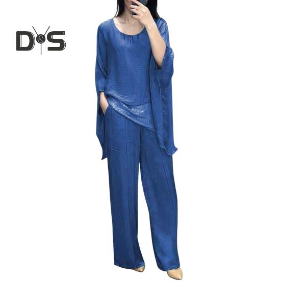 Abito casual da donna con giunture Top Pantaloni a gamba larga Abito ampio per casa Festa Ufficio Girocollo Manica a pipistrello Abito da pendolarismo