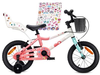 Children's Bicycle 14 Inches For a Girl Lightweight Aluminum 7.2 Kg Doll Seat Side Wheels Basket Bell V-Brake White Pink Mint