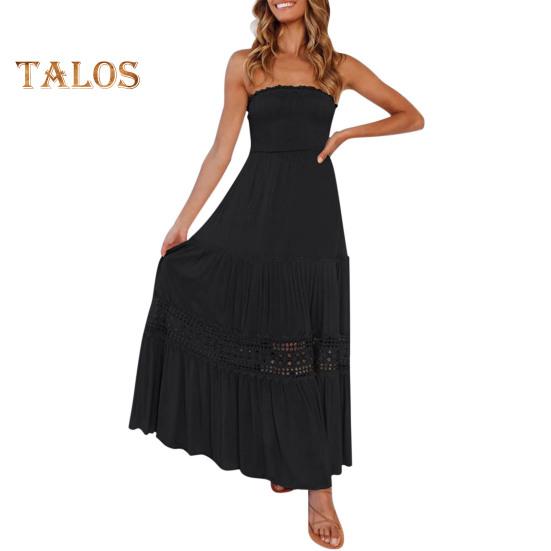 Women's Off Shoulder Maxi Dress Summer Smocked Lace Trim A Line Swing Dress Boho Strapless Flowy Beach Sundress