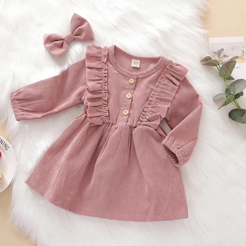 Baby Girl Dress, High-Waist Midi, Long Sleeve Round Collar Ruffle Buttons Princess Pleated Fall Skirt Headband