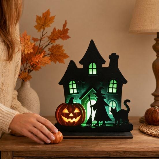 DYS Witch Wooden Table Centerpiece, Spooky Castle Black Cat Standing Tabletop Ornament for Halloween Party, Desk Tiered Tray Decor