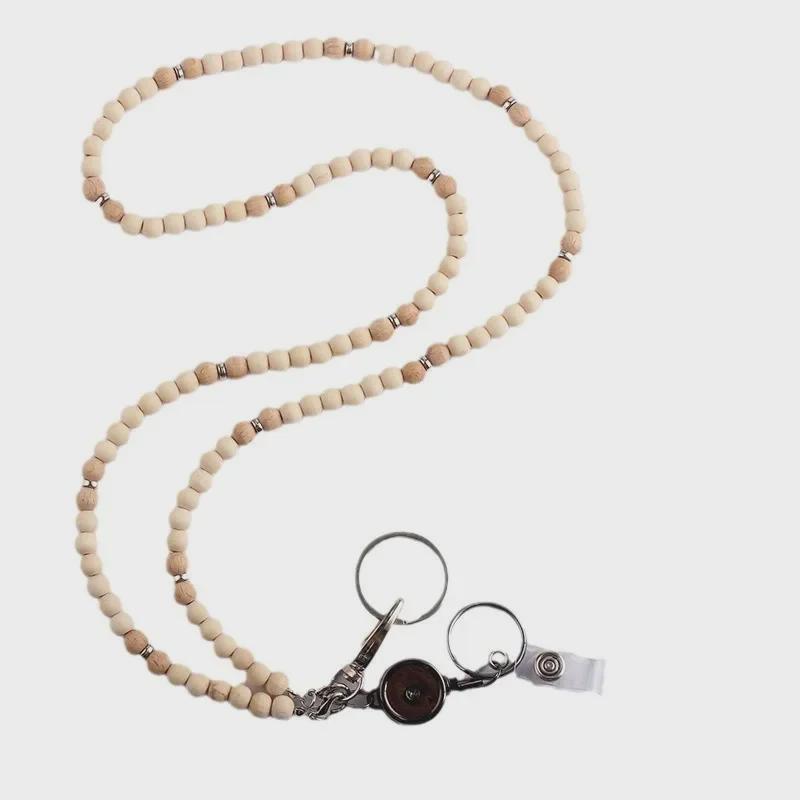 Unisex Stretchable Wooden Bead ID Necklace with Easy-Pull Key Chain