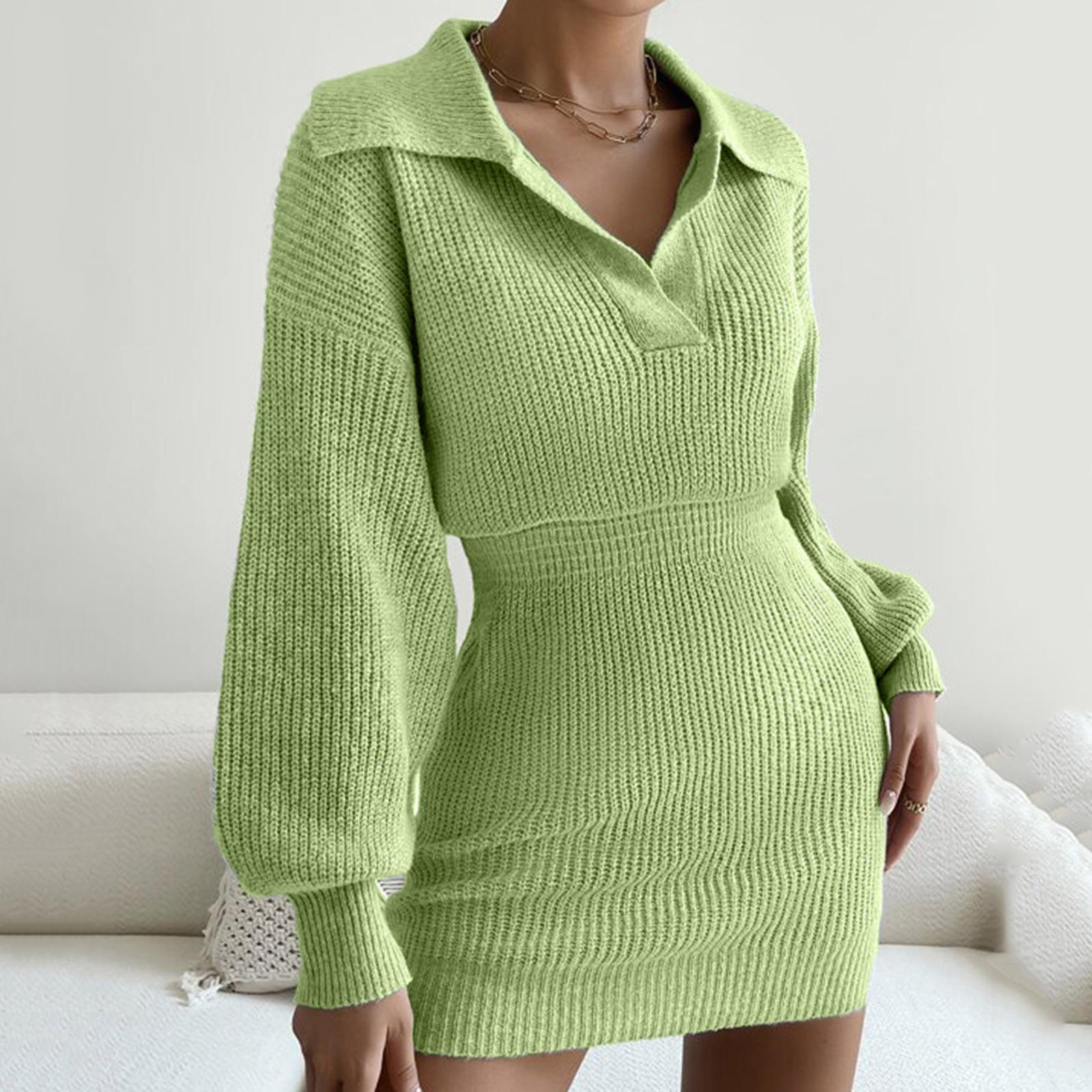 Women s Fashion Casual Turn-down Collar Lanterned Sleeve Long Sleeve Color Knitted Dress S