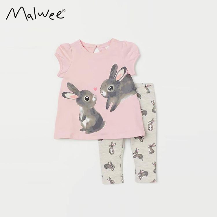 Girl Summer Rabbit Cotton Two Piece Set With Short Sleeve Top And Long Pants For Kids 3 To 8 Years