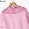ZANZEA Damen Casual V-Ausschnitt 3/4-Ärmel Mesh-Patchwork Bluse