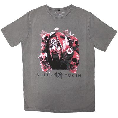 Sleep Token Unisex Stone Wash T-Shirt: Skulls & Flowers (Grey) (Large)