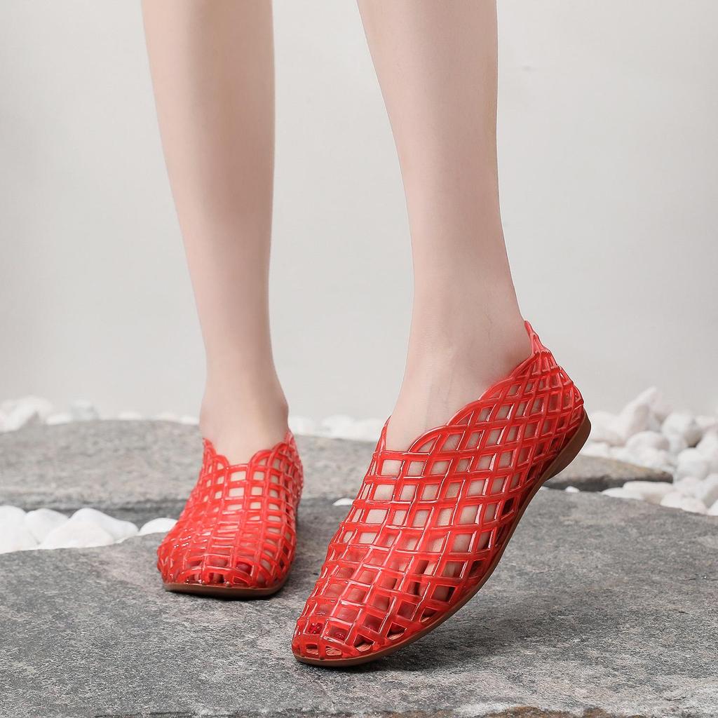 Women's 2025 Mesh Crystal Jelly Sandals: Hollow Out, Flat, Comfortable Slip-On, Korean Style.