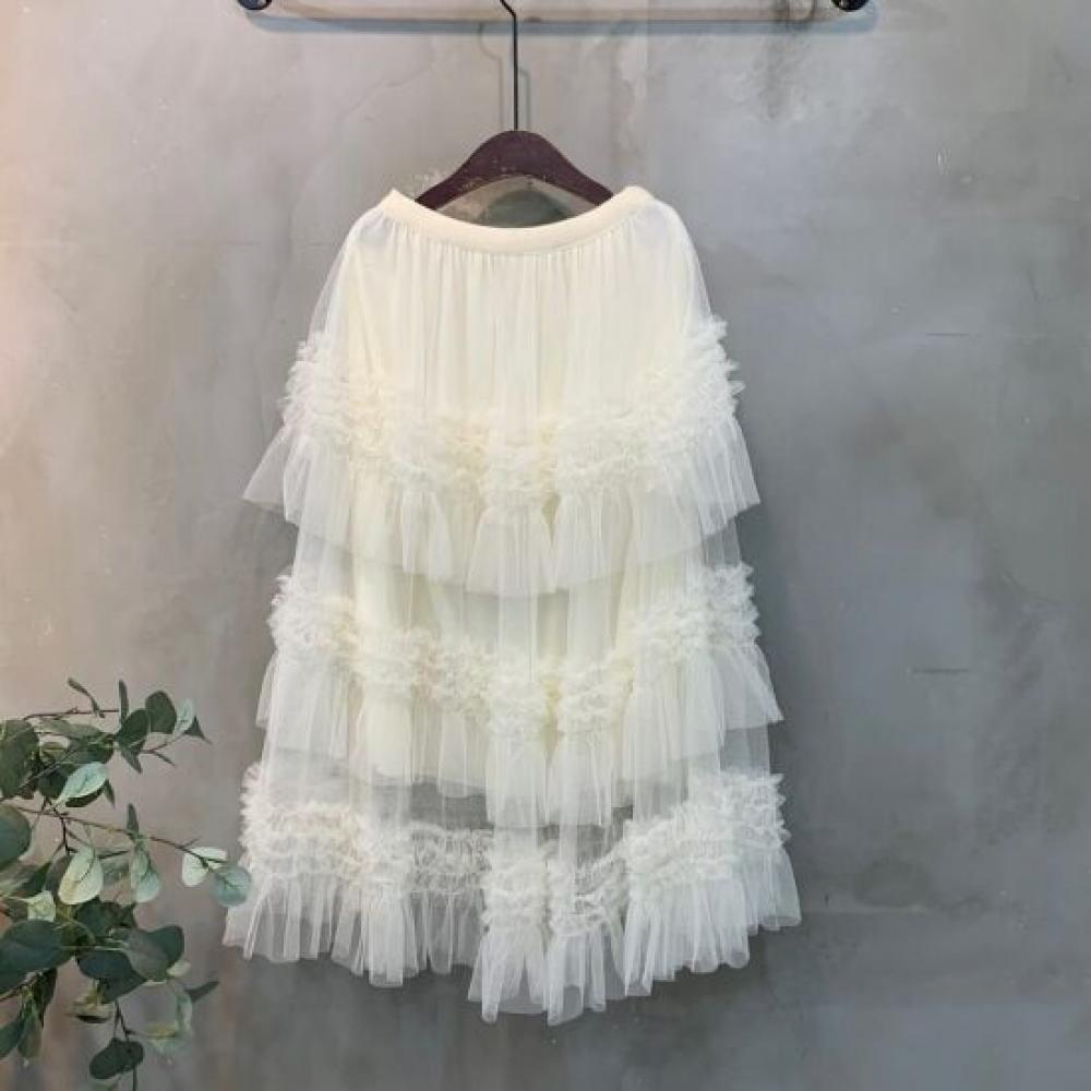 C S In The Room Rune laCe 3 Tier Ruffle Belted Long Skirt 2Color