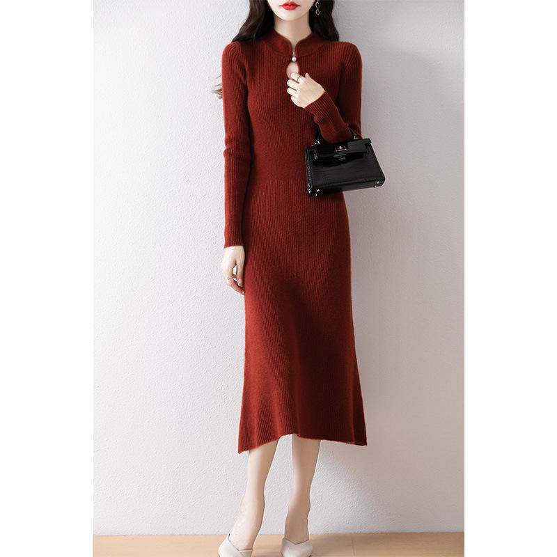 

Элегантное шерстяное платье ципао в новом китайском стиле со стоячим воротником для осени и зимы XXL [68-75 kg]