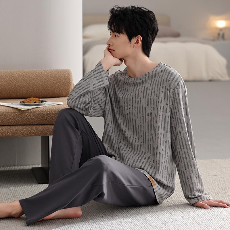 Men's pajamas spring and autumn pure cotton long-sleeved casual loungewear youth men's autumn thin cotton large-size suit