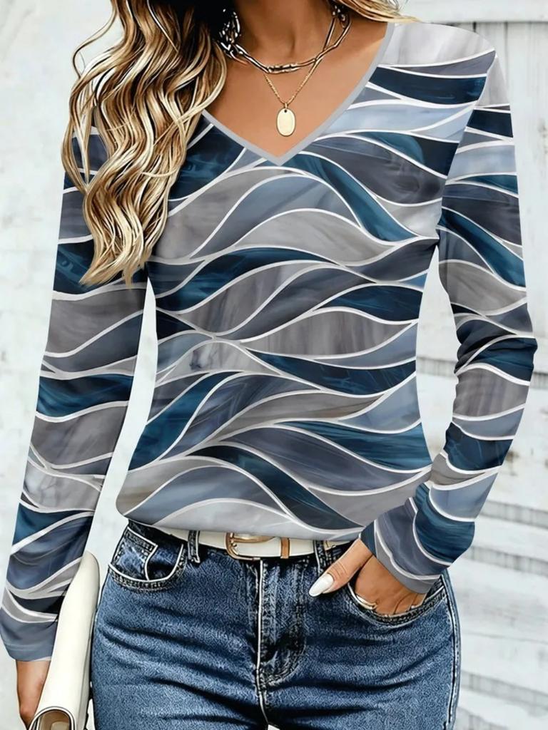 Fashion Women's V-Neck Long Sleeve 3D Casual Color Printing Casual Long Sleeve V-Neck T-Shirt