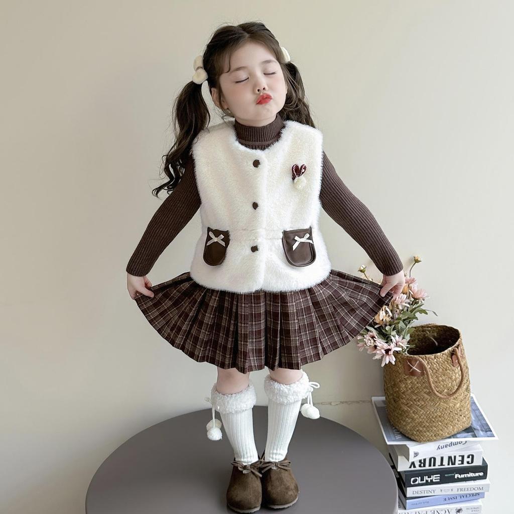 Mädchen Modische 2025 Herbst/Winter Pelzweste & Strickpullover mit Plisseerock Set
