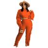 Women's Off Shoulder Long Sleeve Knit Two Piece Set Fringe Crop Top High Waist Wide Leg Pants Solid Geometric Knitted Tracksuit