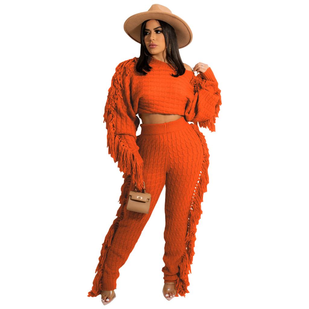 Women's Off Shoulder Long Sleeve Knit Two Piece Set Fringe Crop Top High Waist Wide Leg Pants Solid Geometric Knitted Tracksuit